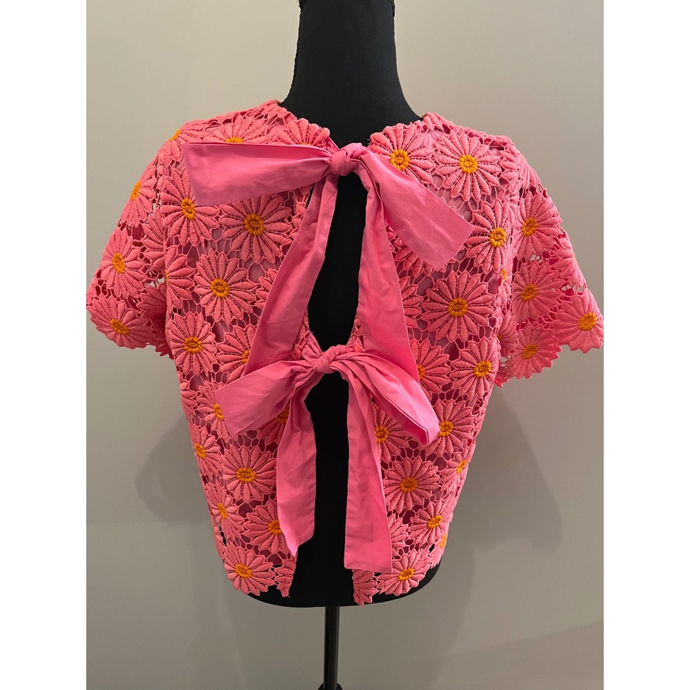 LoveWednesday Pink Daisy Lace Bow Back Top Short Sleeve Floral Blouse‎  L - Picture 7 of 10